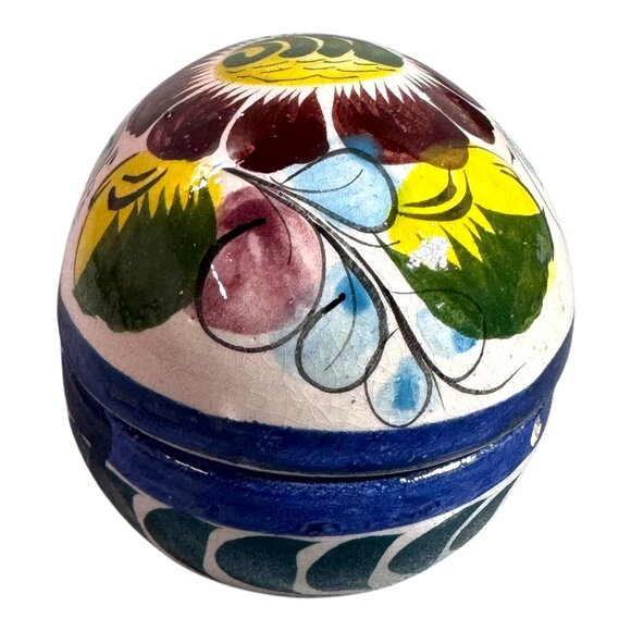 Vintage Floral Mexican Talavera Ceramic Egg-Shaped Trinket Box Jewelry Rings - Picture 10 of 10